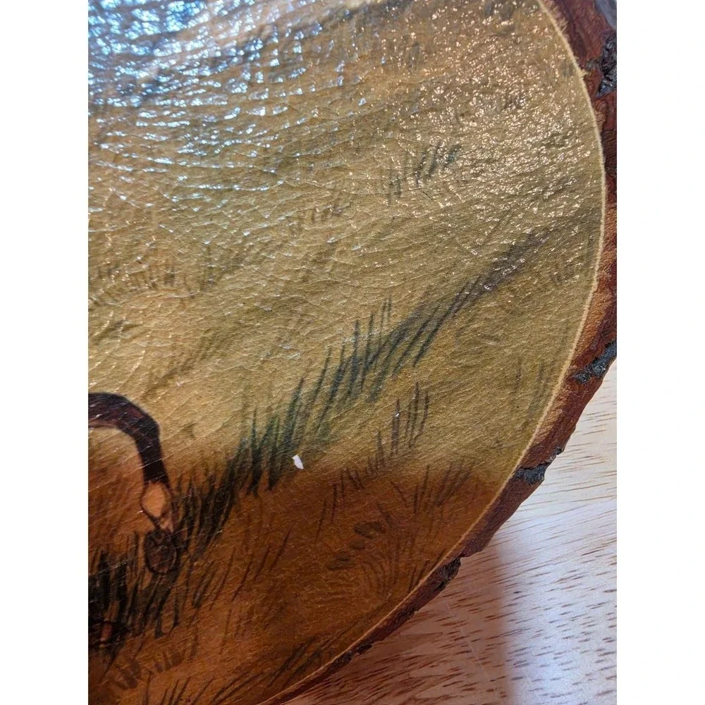 decoupaged craft plaque featuring a brown and white pinto horse on an oval wood